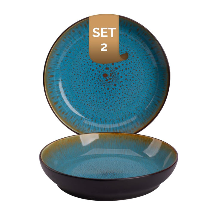 palmer Lotus grosse tiefe Teller - 2er-Set - Steinzeug - Ø 21 cm - türkis blau, aussen dunkelbraun -