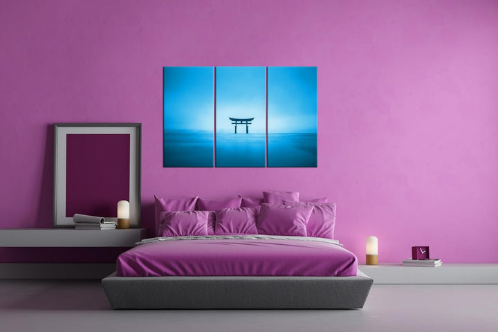 deyoli Schrein in Japan am Meer Format: 120x80 cm (3Teilig) Effekt: Monocrome Blau als Leinwandbild,