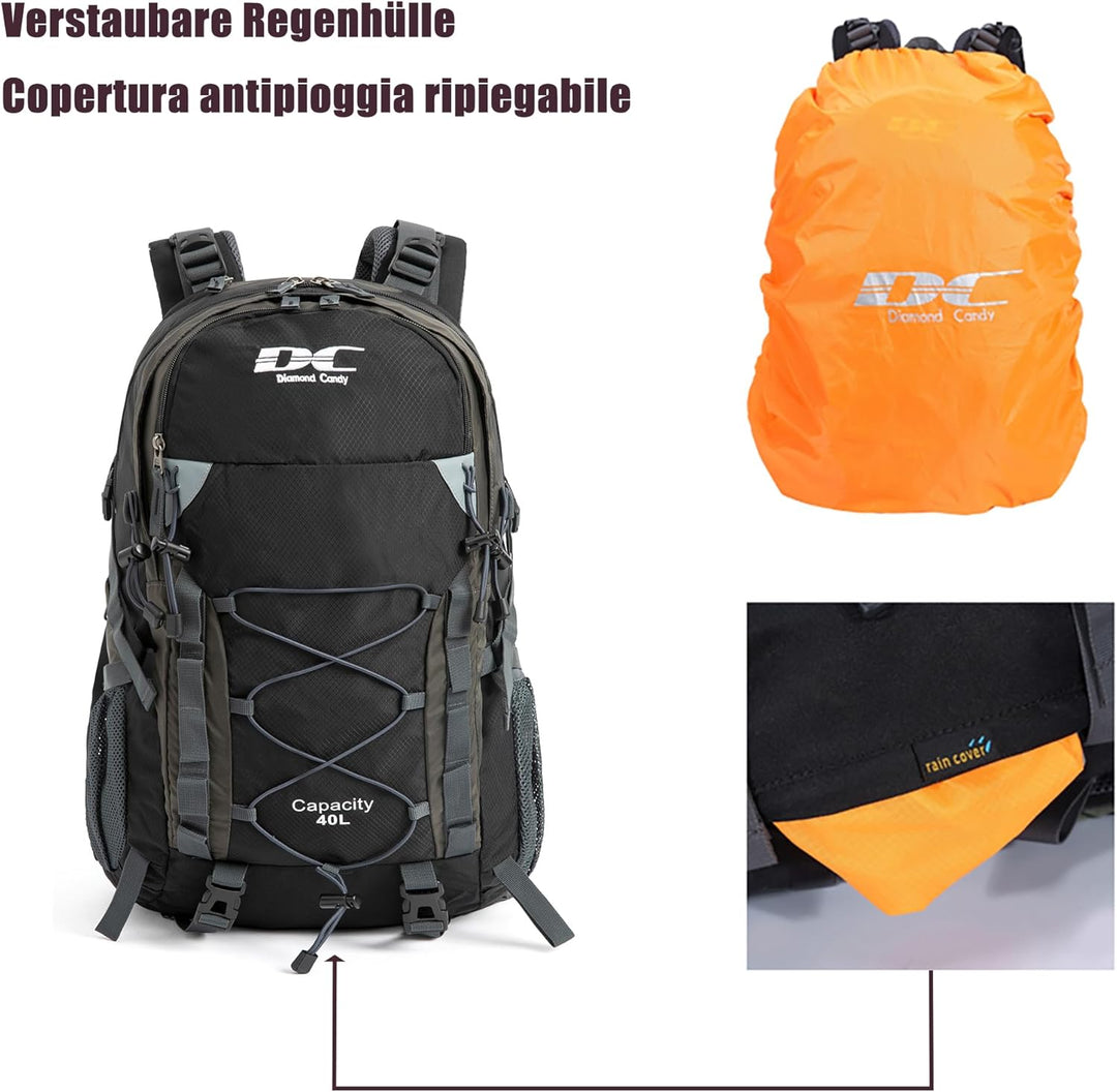 Wanderrucksack 40l Damen Herren Rucksack Wasserdicht Reiserucksack mit Regenschutz Schwarz, Schwarz