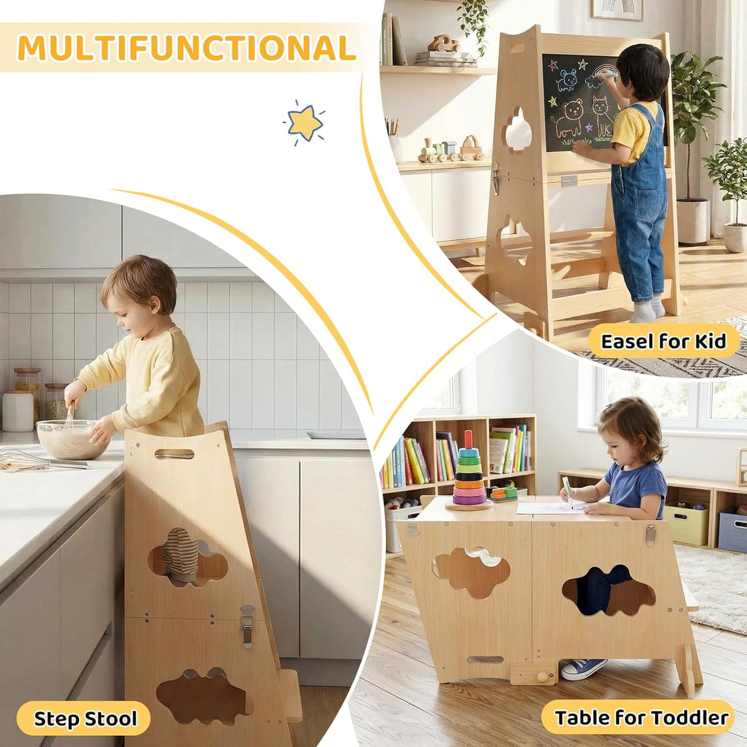 KIDINIX Lernturm ab 1 Jahr, 3 in 1 Montessori Learning Tower mit Sicherheitsgeländer und Tafel, Klap