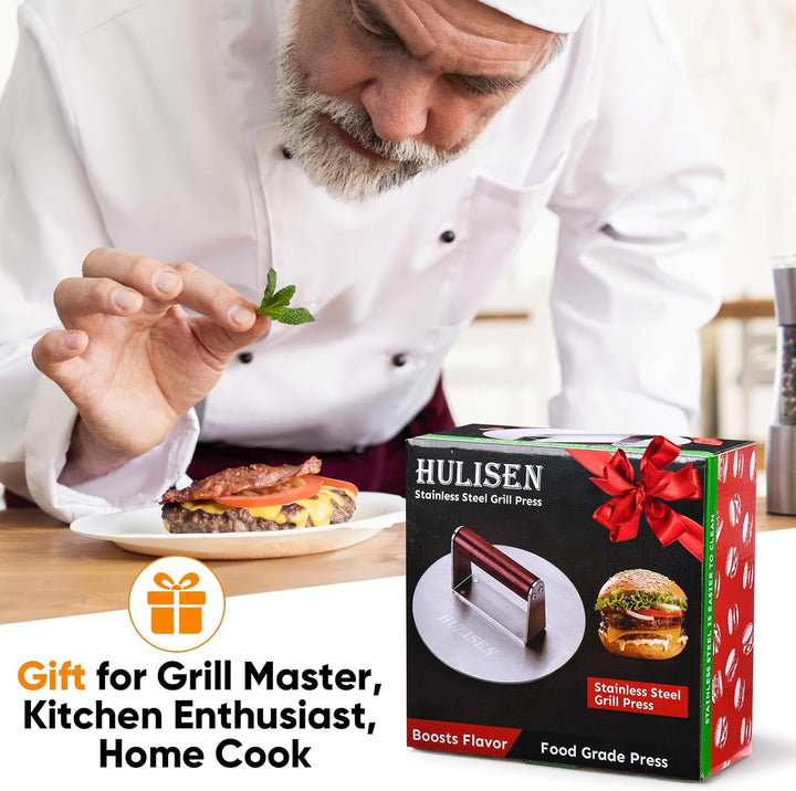 HULISEN 21,6 cm Burgerpresse, 1,1 kg, robuste Speck- und Grillpresse, Edelstahl, zerkleinerte Burger