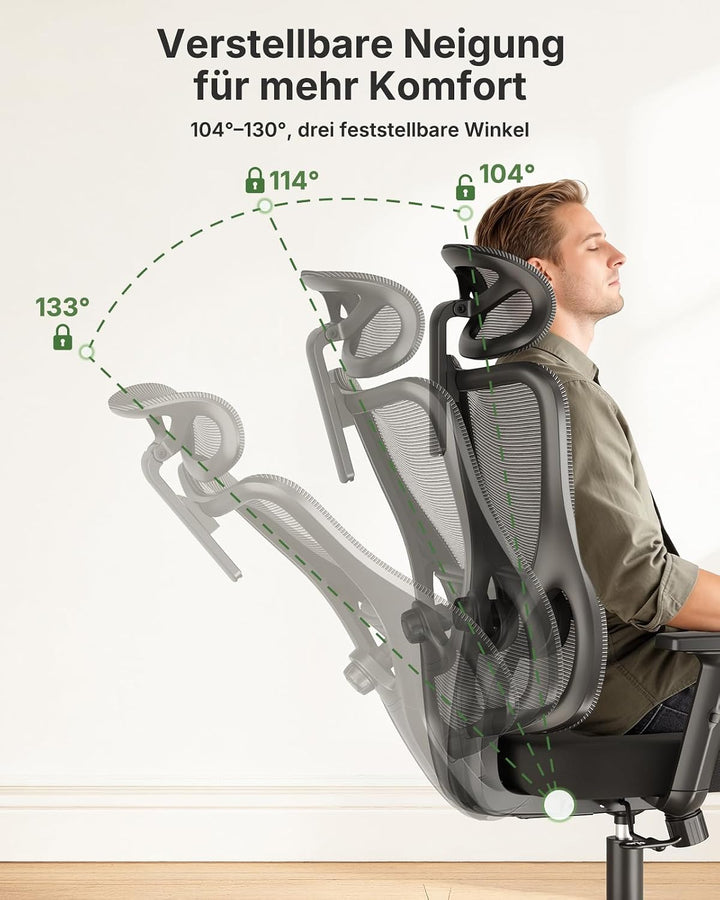 Marsail 2026 Neu Bürostuhl Ergonomisch, 104°–130° Arretierbare Rückenlehne Schwarz Schwarz 1, Schwar