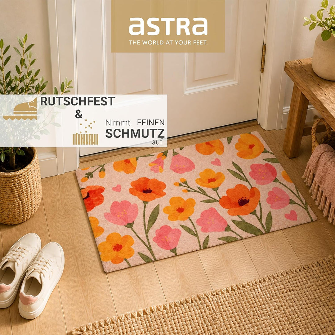 Astra rutschfeste Sauberlaufmatte innen - Welcome Home Blumen 66 x 110 cm - Wohnraum Fussmatte Desig
