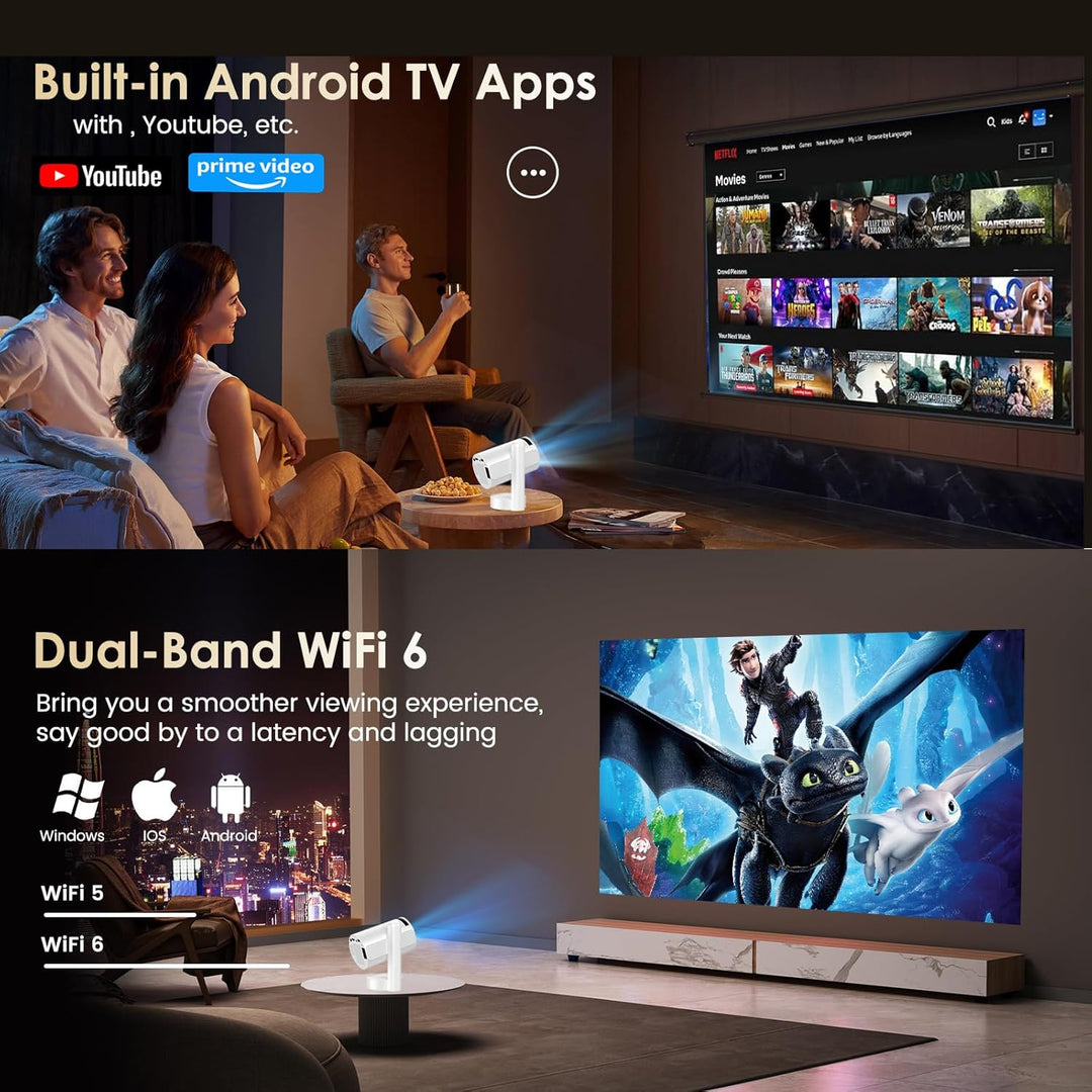 Mini Beamer Unterstützt FHD 4K 1080P, Projektor Tragbarer mit WiFi 6 und Bluetooth 5.4 Beamer Klein
