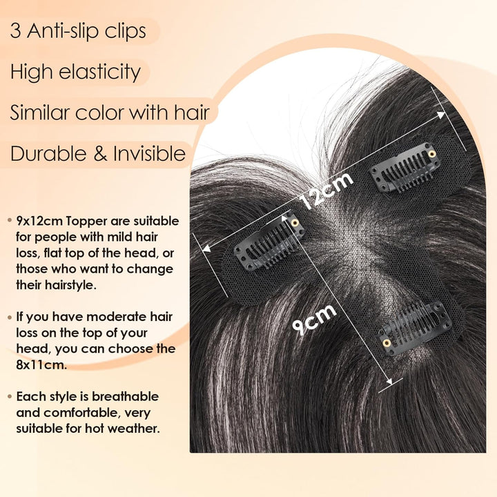 S-noilite Echthaar Toupets für Frauen Natürliches Schwarz - 9x12cm T-Sharp Haar Toppers Clip in Haar