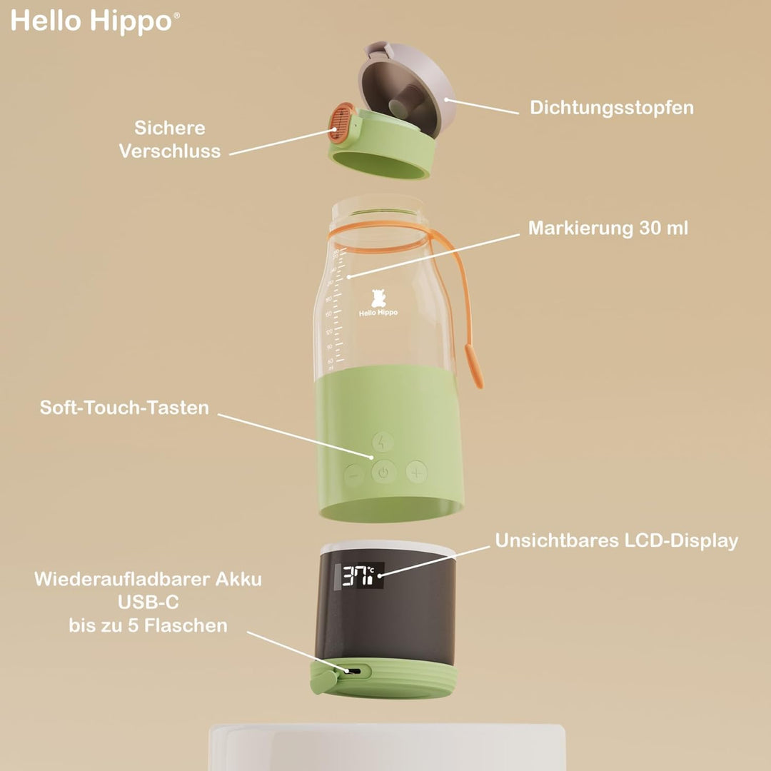 HELLO HIPPO® Premium Flaschenwärmer Nomade, tragbar, USB, 300 ml - kabellos auf Batterie - ideal Rei