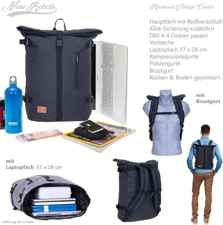 New Rebels Rucksack COURIER A4 Roll Up Kurierrucksack + Flasche (Schwarz), Schwarz