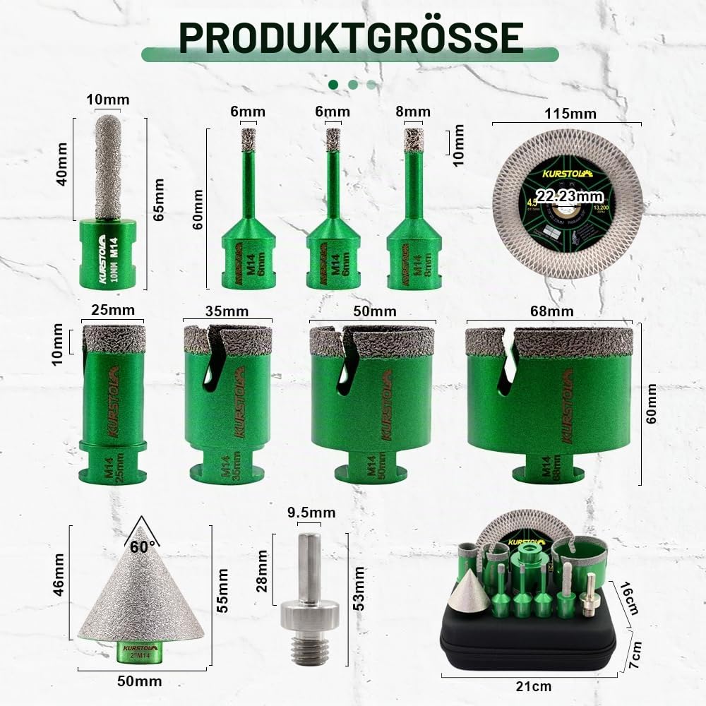 Diamant-Bohrkrone Kit - Fliesenbohrer 6/6/8/25/35/50/68mm+50mm Fasen Bit+10mm Fingerfräser+Diamanttr