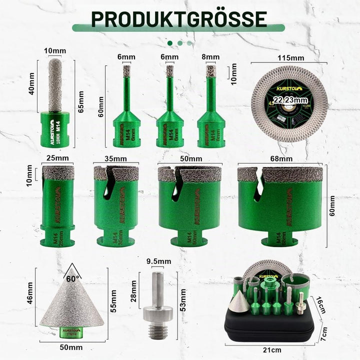 Diamant-Bohrkrone Kit - Fliesenbohrer 6/6/8/25/35/50/68mm+50mm Fasen Bit+10mm Fingerfräser+Diamanttr