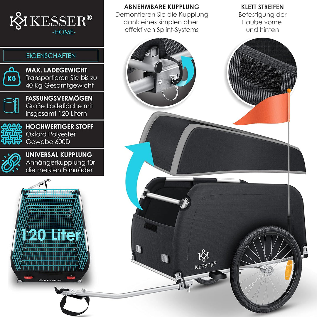 KESSER® Fahrradanhänger Lastenanhänger Transportanhänger Hochdeichsel mit Kupplung, Inkl. Abdeckung