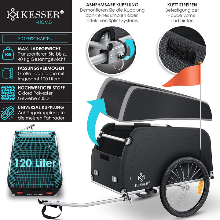 KESSER® Fahrradanhänger Lastenanhänger Transportanhänger Hochdeichsel mit Kupplung, Inkl. Abdeckung