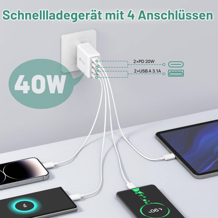 [2 Stück] USB C Ladegerät 40W, 4-Ports USB C Ladegerät Block, Schnellladeblock Dual Port PD+QC Wands