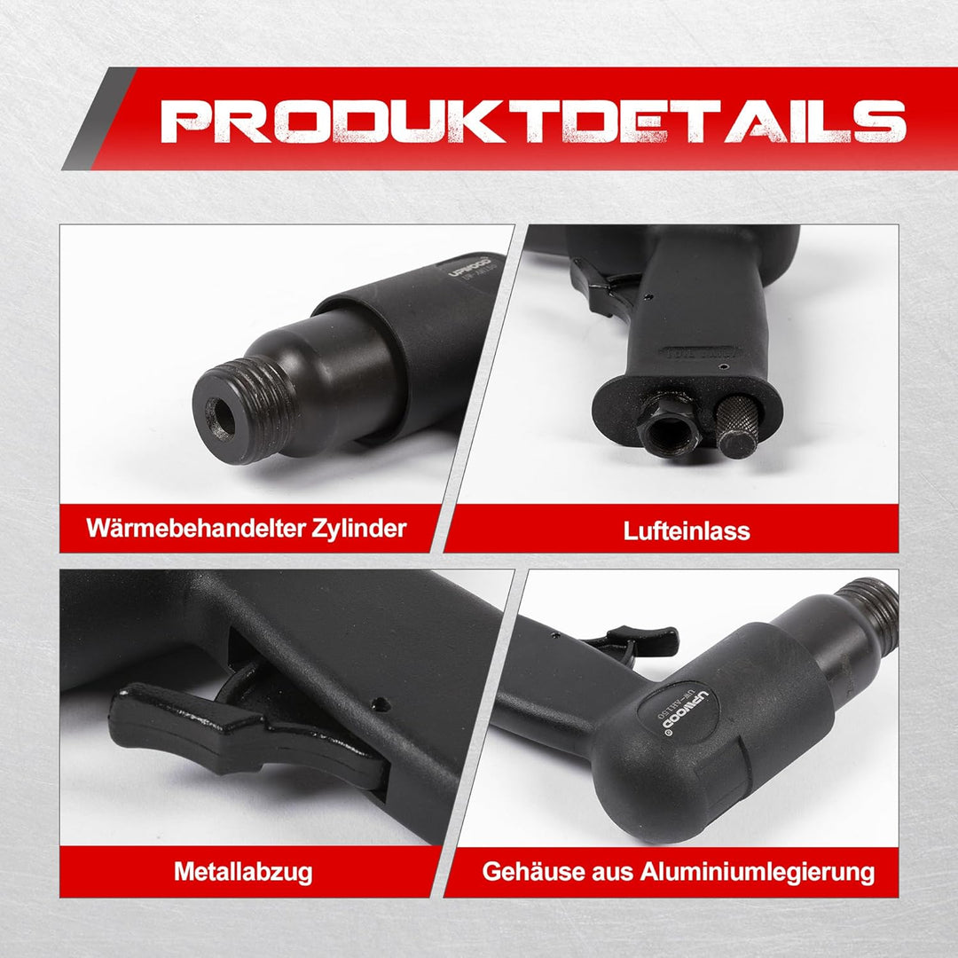UPWOOD UW-AH150 Kurzrohr-Drucklufthammer-Kit mit Schnellwechselhalterung und 4 Meisseln, 1-5/8" Hub,