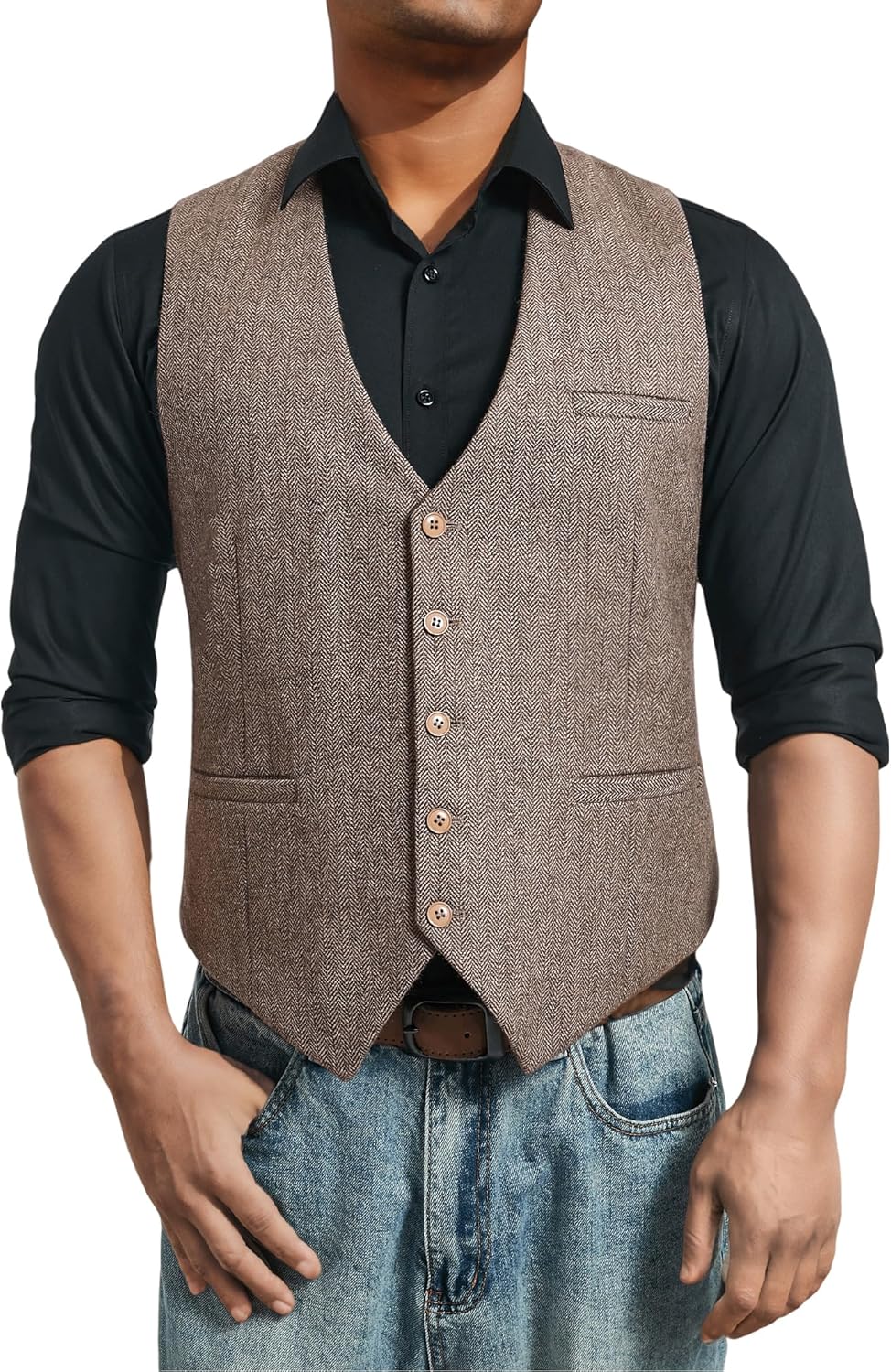 HISDERN Herren Anzugweste Herringbone Weste Hochzeit Herrenweste Formale Tweed Wollweste Classic Bas