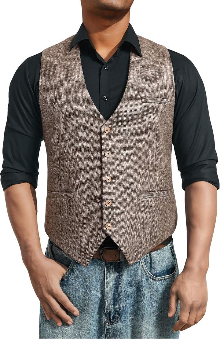 HISDERN Herren Anzugweste Herringbone Weste Hochzeit Herrenweste Formale Tweed Wollweste Classic Bas