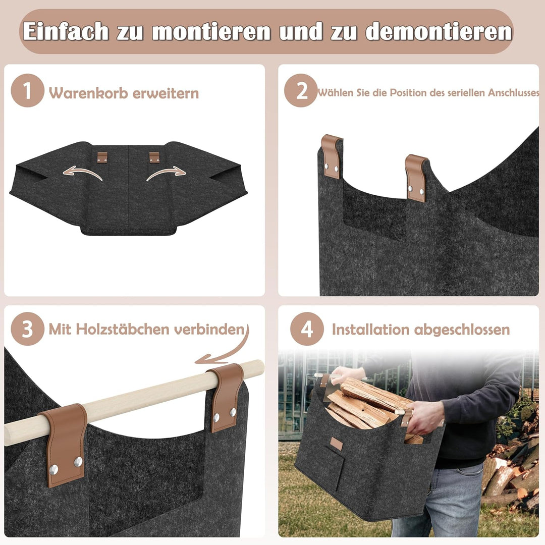HENGMEI Brennholzkorb Filzkorb 4 Stück Holzkorb Kaminholz Filztaschen Extradickem Kaminholzkorb mit