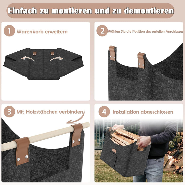 HENGMEI Brennholzkorb Filzkorb 4 Stück Holzkorb Kaminholz Filztaschen Extradickem Kaminholzkorb mit