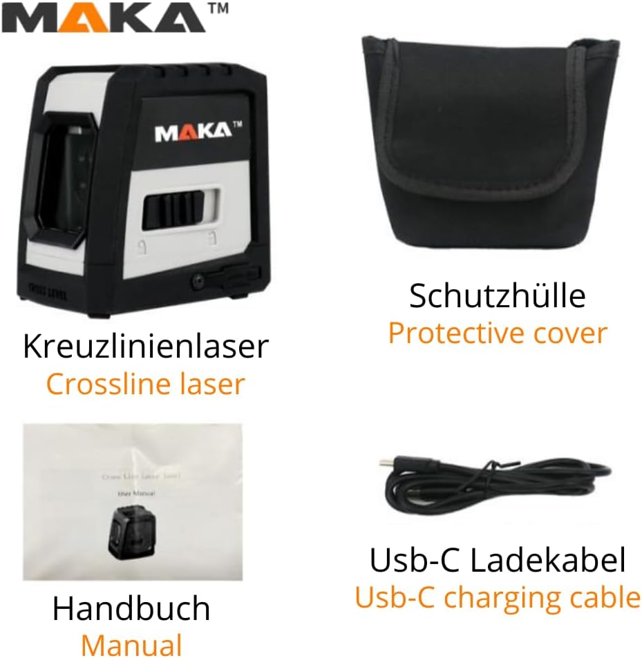 MAKA Grüner Kreuzlinienlaser - USB-C aufladbar - 0,3 mm/m - 4° Selbstnivellierend Linienlaser - IP54