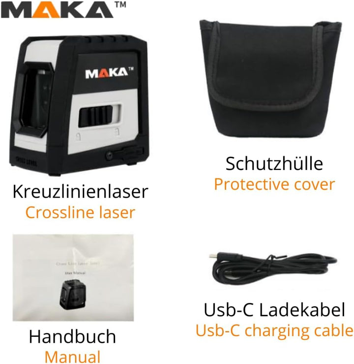 MAKA Grüner Kreuzlinienlaser - USB-C aufladbar - 0,3 mm/m - 4° Selbstnivellierend Linienlaser - IP54