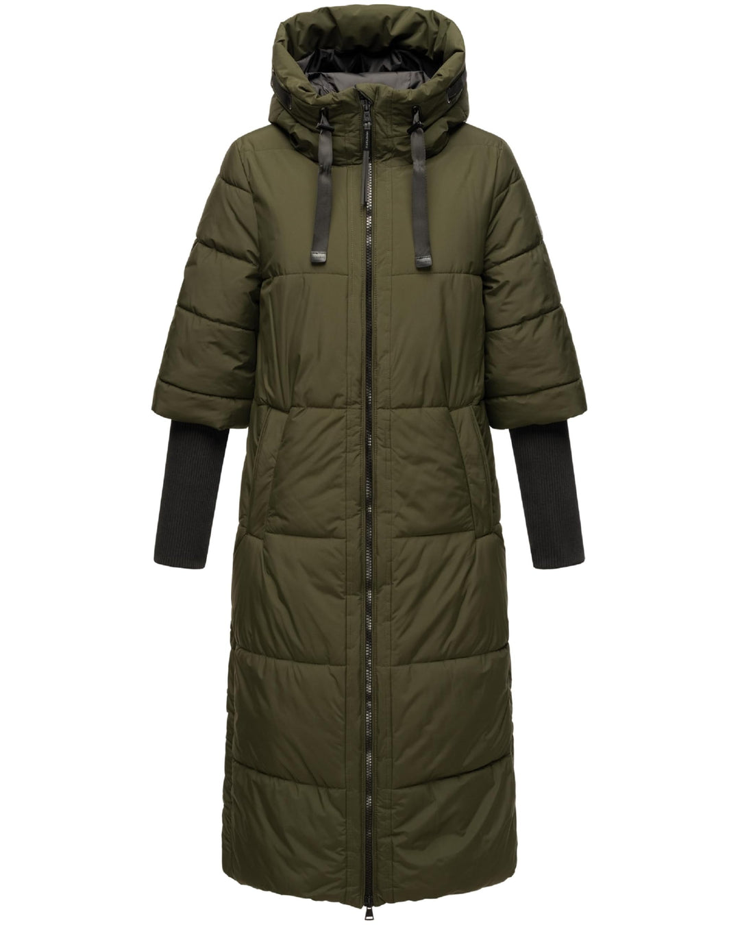 Navahoo Damen Wintermantel warmer Steppmantel lang mit Kapuze und Rippstrickärmeln Ciao Miau XIV XS-