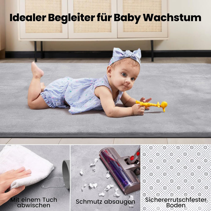 Krabbelmatte Baby 127×127cm, 3cm Dicke Schaumstoff Spielmatte, Ultraweiche Stütze und Plüschiges Gef