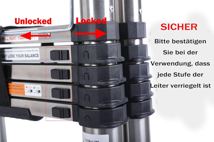 3,2M Teleskopleiter, Mehrzweckleiter ‎Edelstahl, 150 kg/330 Pfund Belastbarkeit, Ausziehbar Aluleite