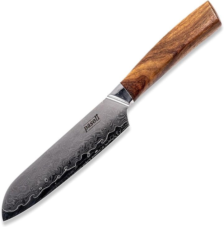 pasoli Damast Santoku-Messer inkl. Klingenschutz | 67-lagiger VG-10 Damaszener-Stahl | scharfe 13 cm