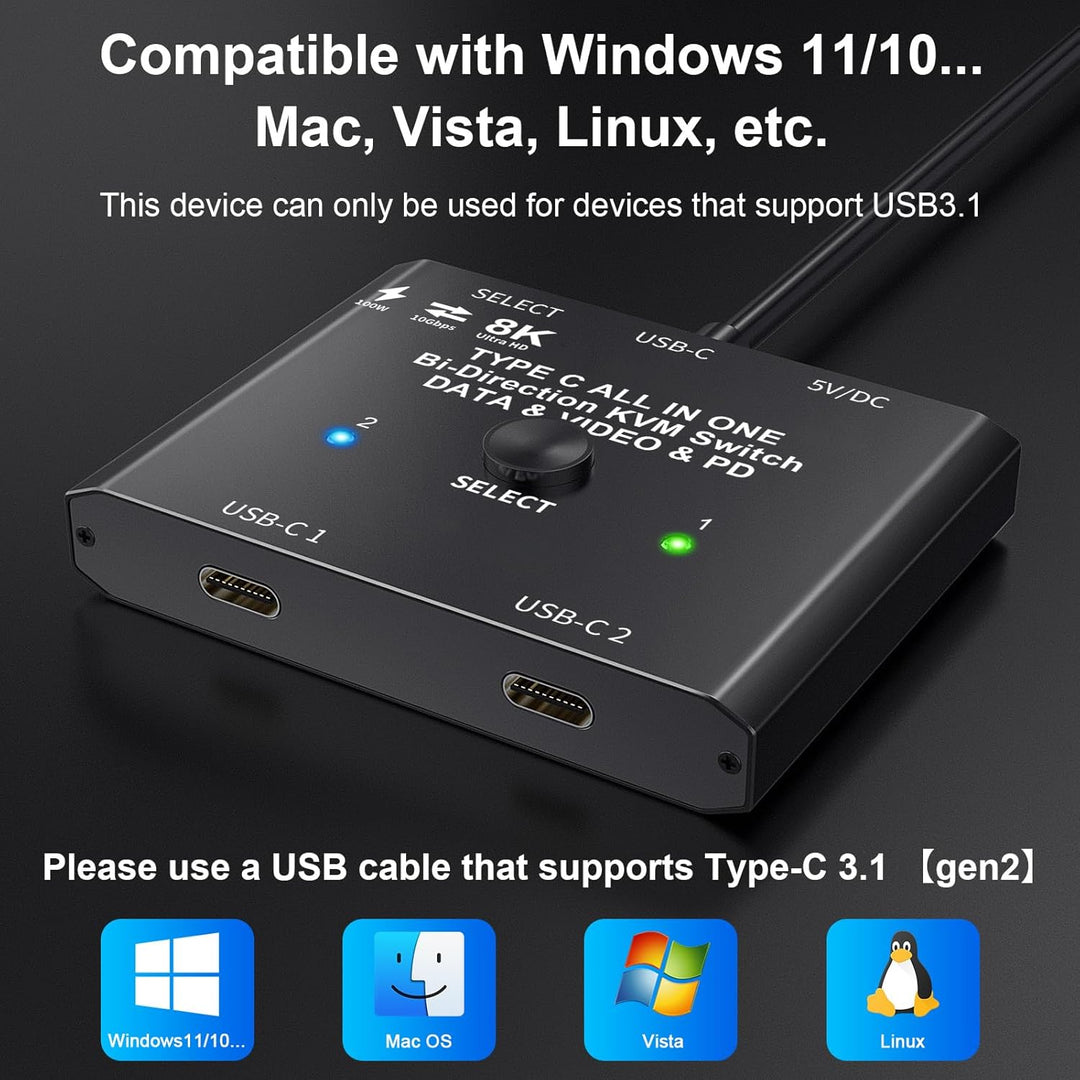 USB C Switch 2 PC 8K@60Hz 4K@120Hz, Bidirektionaler USB C Switcher für 2 PCs, 2 in 1 out/1 in 2 out,