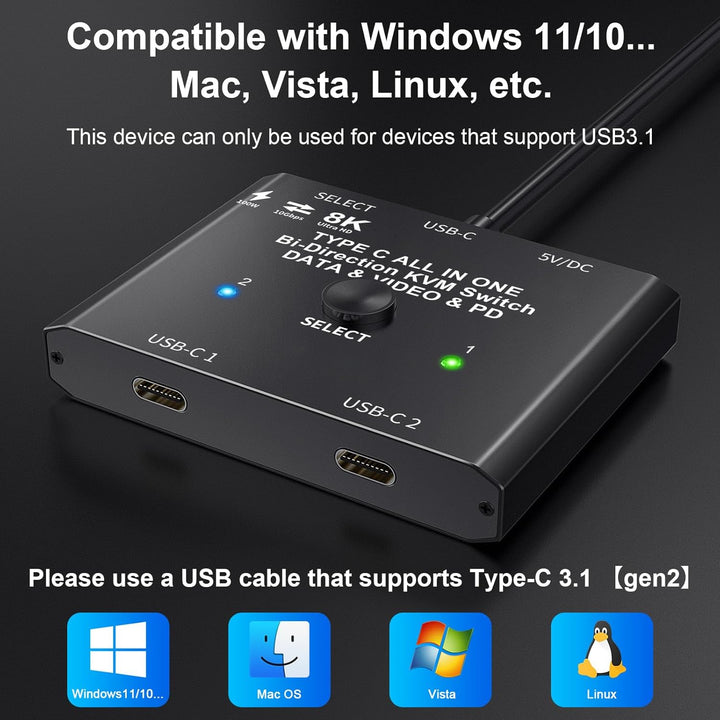 USB C Switch 2 PC 8K@60Hz 4K@120Hz, Bidirektionaler USB C Switcher für 2 PCs, 2 in 1 out/1 in 2 out,