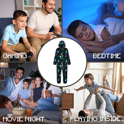 Minecraft Fleece Jumpsuit Kinder Jungen Schlafoverall mit Kapuze, Gamer Geschenke für Kinder Teenage