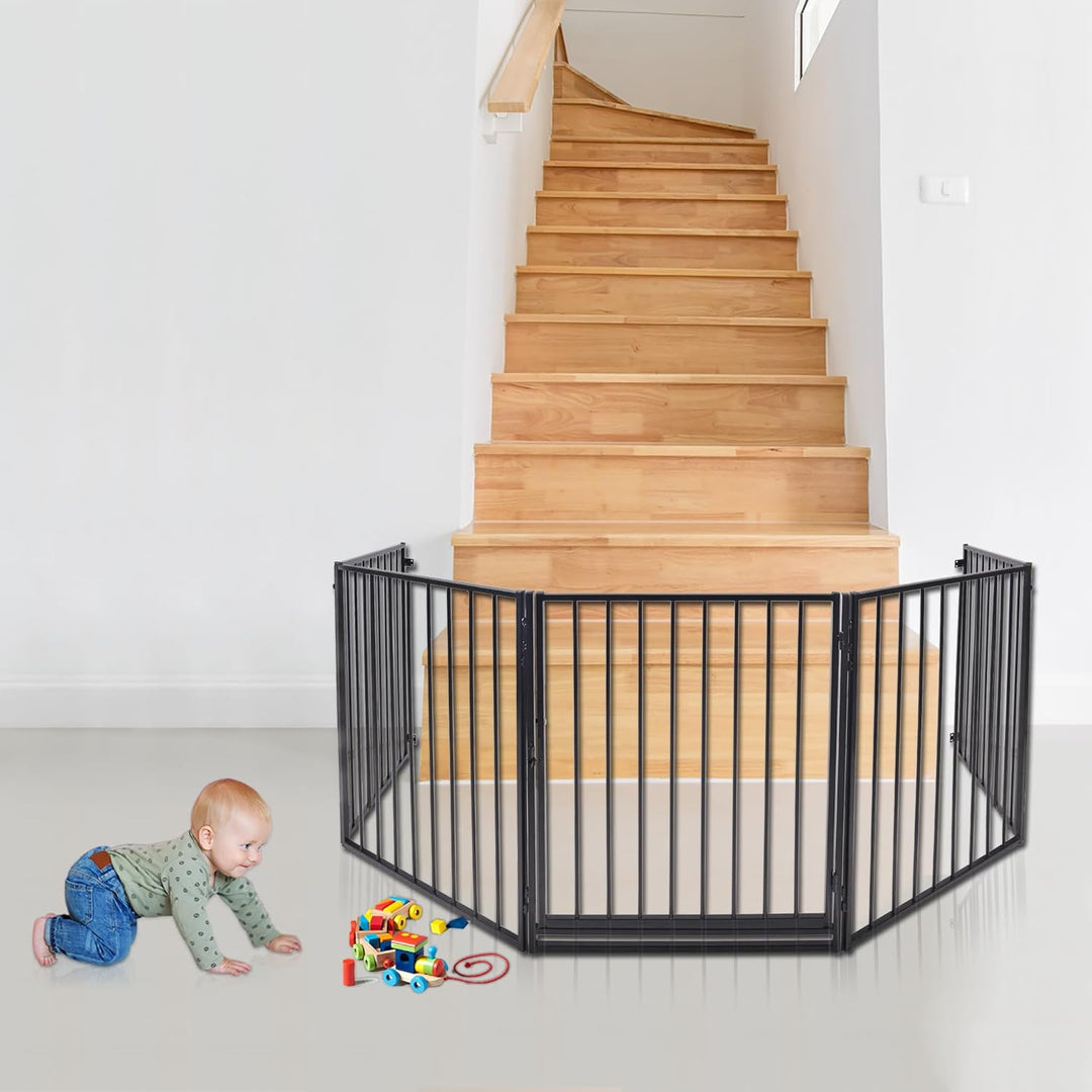 Froadp Kaminschutzgitter Metall Ofenschutzgitter mit Tür 305 x 76 cm Laufgitter Baby Laufstall Abspe