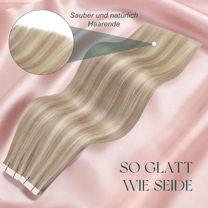 Easyouth Echthaar Extensions Tape in Remy Haarverlangerung Tape Extensions Aschblond Mix Hellblond T