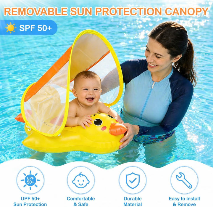 Qingning Ente Baby Schwimmring mit Abnehmbarem Sonnendach & Schwimmsitz – Aufblasbare Schwimmhilfe f