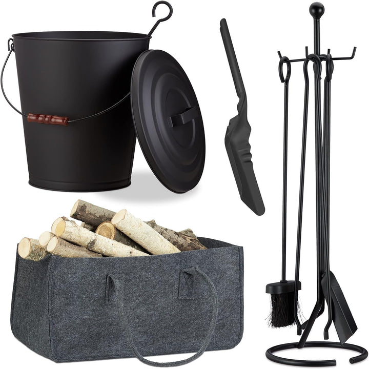 Relaxdays 8 TLG. Kamin-Komplettset, Ascheeimer, Kohlenschaufel, Kaminholztasche, Kaminbesteck, Stahl