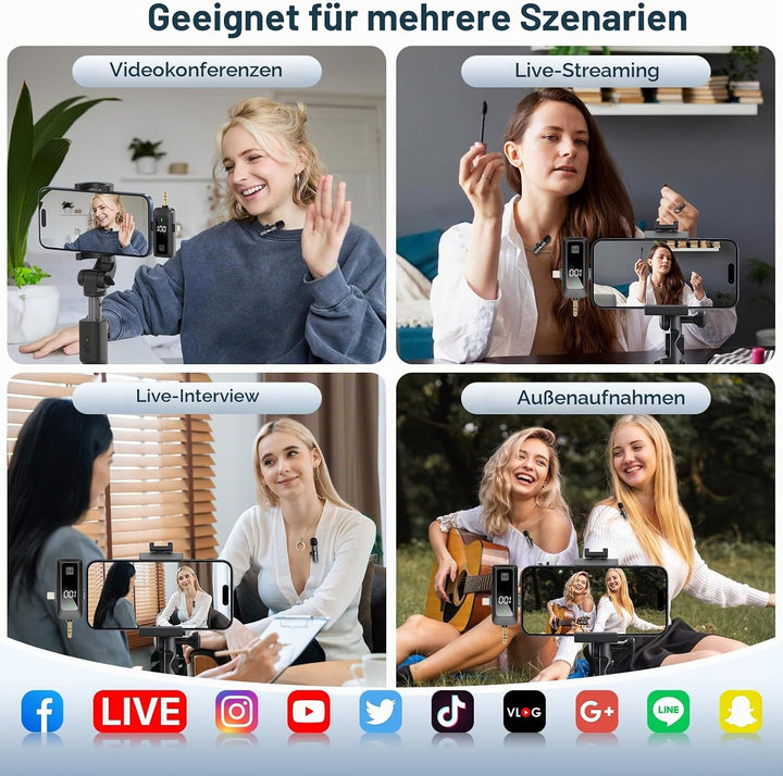 HMKCH Wireless Lavalier Mikrofon für Android Handy, iPhone, Kamera, PC, 4-in-1 Kabelloses Ansteckmik