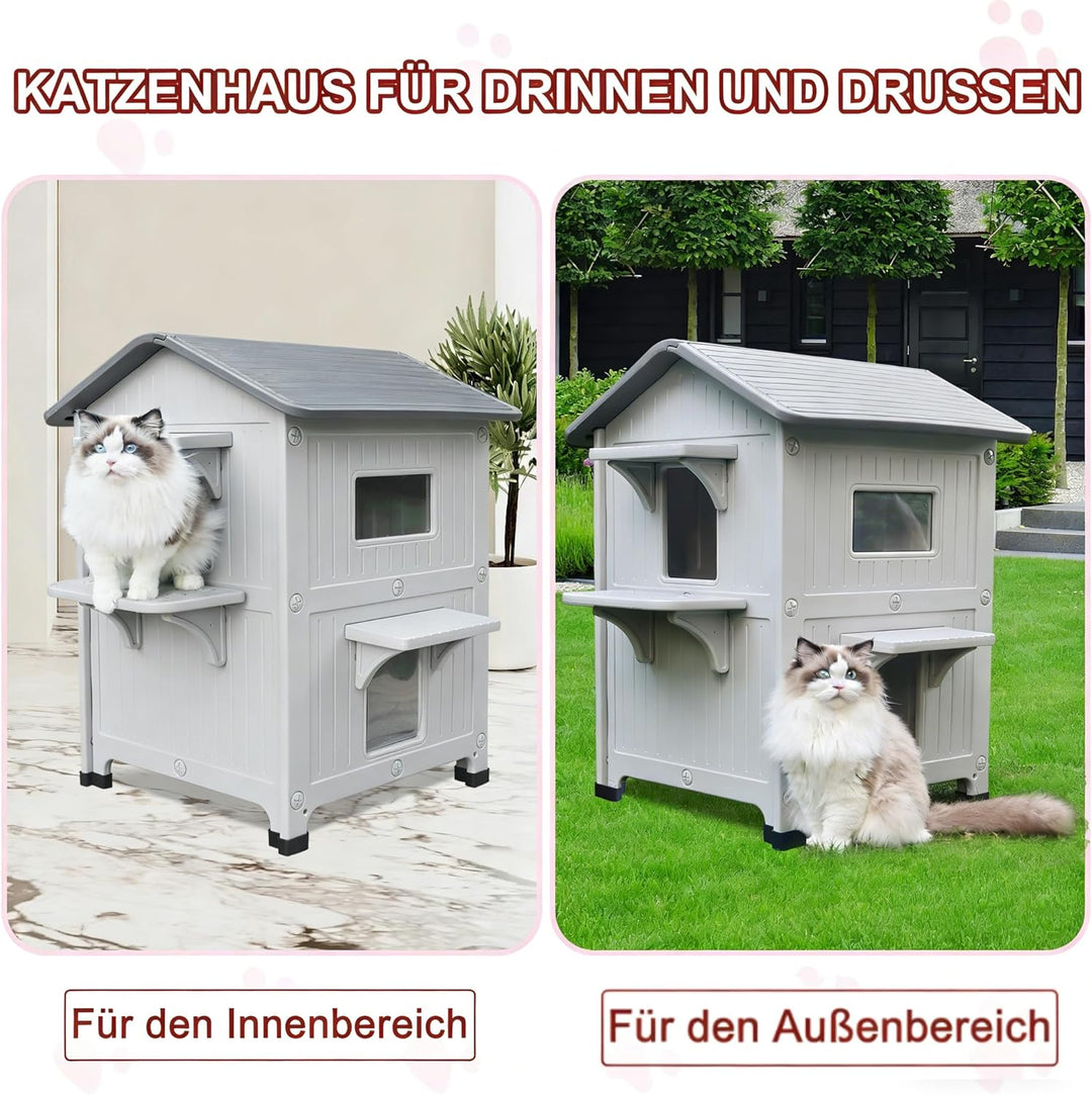 Katzenhaus Outdoor, 2 Geschichte Outdoor-Häuser für Katzen Kunststoff ausserhalb Katze Unterschlupf