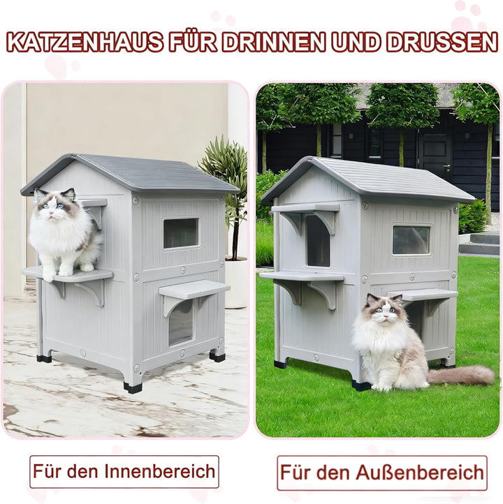 Katzenhaus Outdoor, 2 Geschichte Outdoor-Häuser für Katzen Kunststoff ausserhalb Katze Unterschlupf