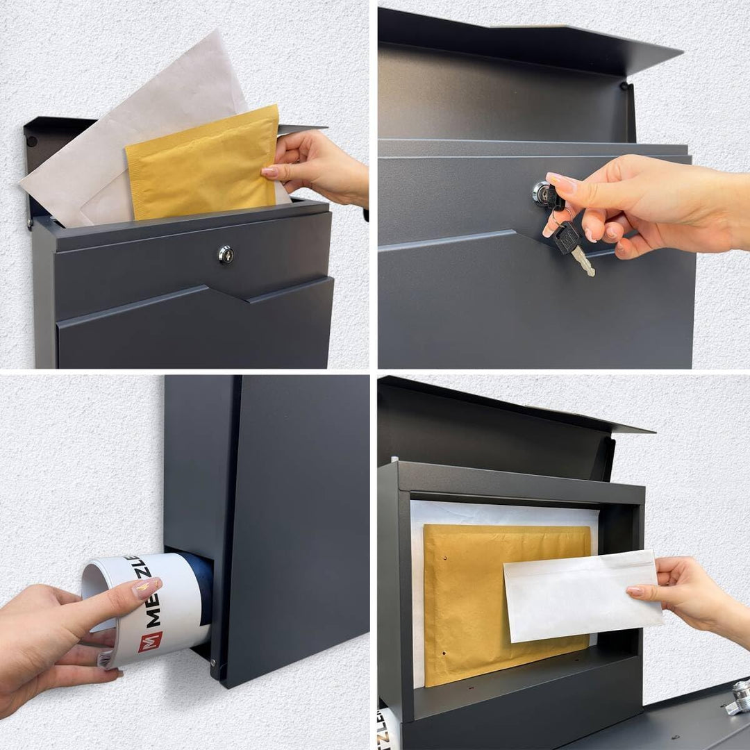 Metzler Briefkasten pulverbeschichtet in Graualuminium RAL9007 - Wandbriefkasten mit Zeitungsfach -