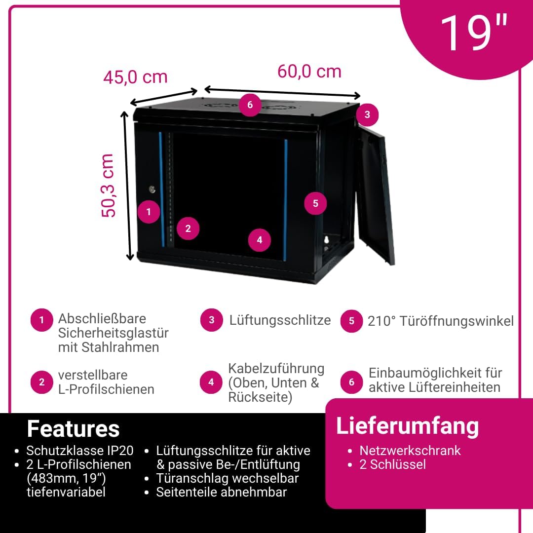 Koscom Connect Netzwerkschrank 9 HE I Serverschrank 19 Zoll I Wandmontage 600 x 450 x 503 mm I voll