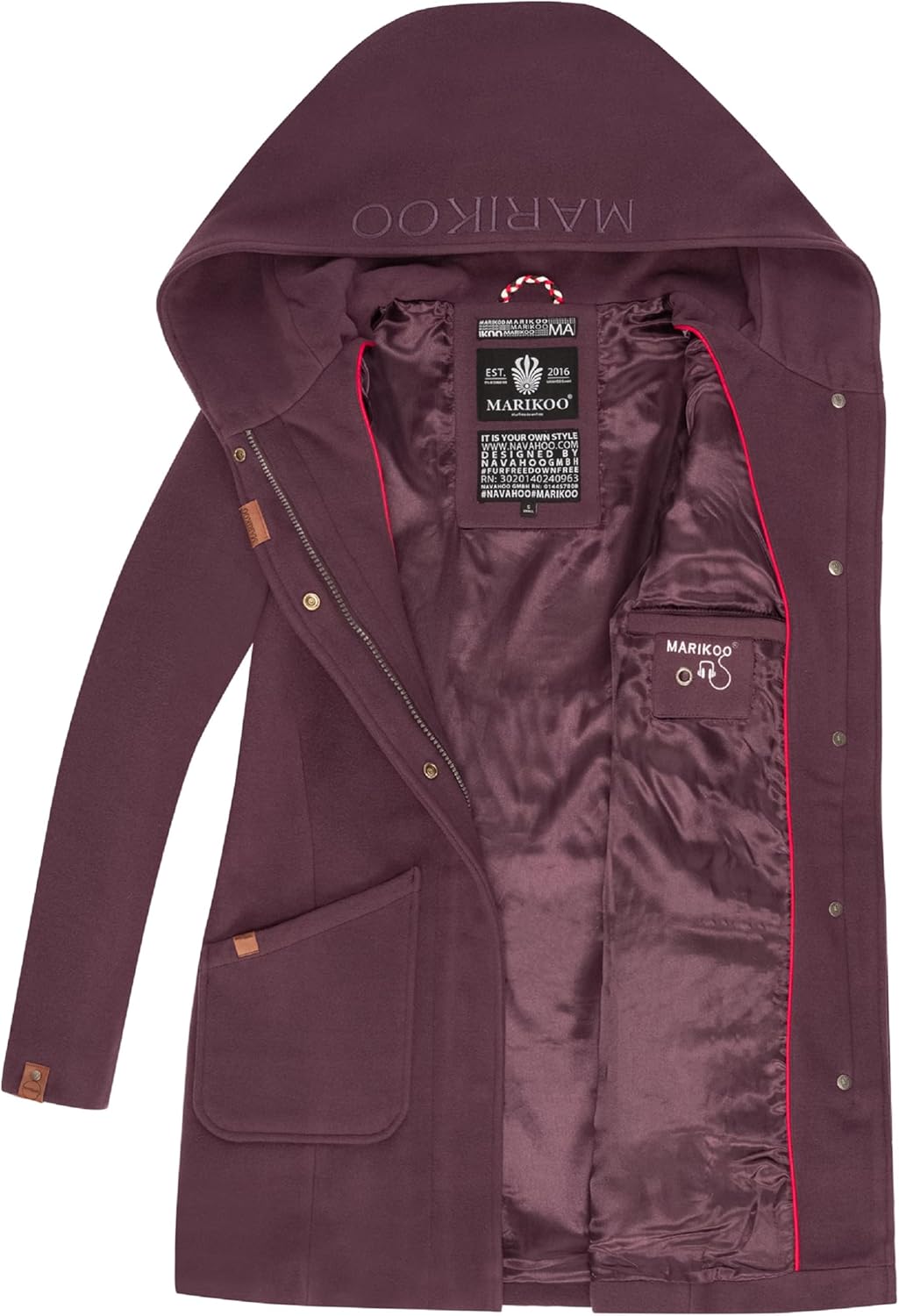 MARIKOO Damen Mantel in Wollmantel-Optik Warmer Trenchcoat mit Kapuze Maikoo XS-5XL M Dusty Plum, M