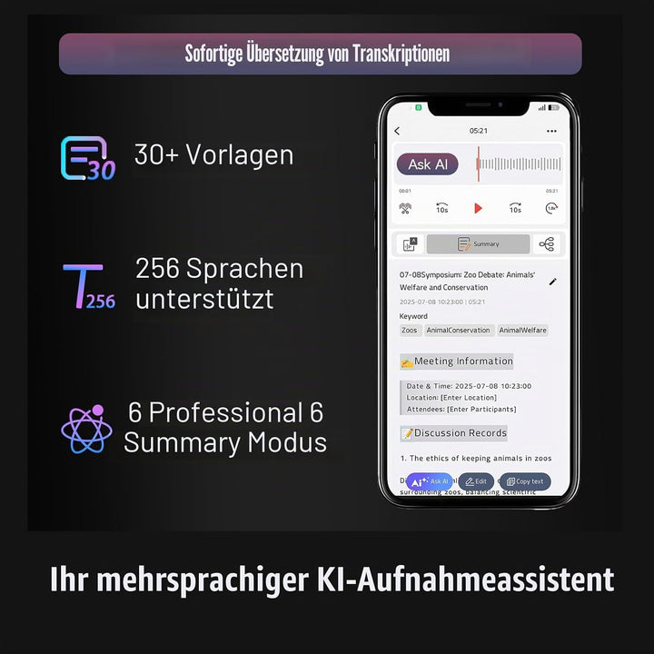 64GB KI Digitales Diktiergerät – Aufnahmegerät mit Automatischer Transkription und Zusammenfassung,