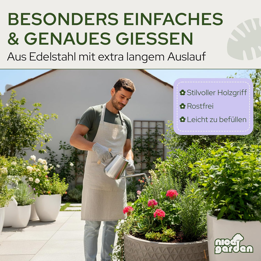 Edelstahl Giesskanne 1L | Design Blumengiesskanne mit Holzgriff | extra stabil & stilvoll | perfekt