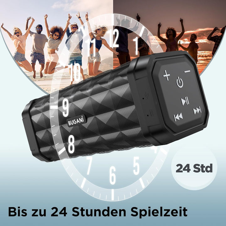 BUGANI Bluetooth Lautsprecher, Musikbox Bluetooth mit 5.4, 24H Stunden Akku, Bass-Treibern, IPX5 Was