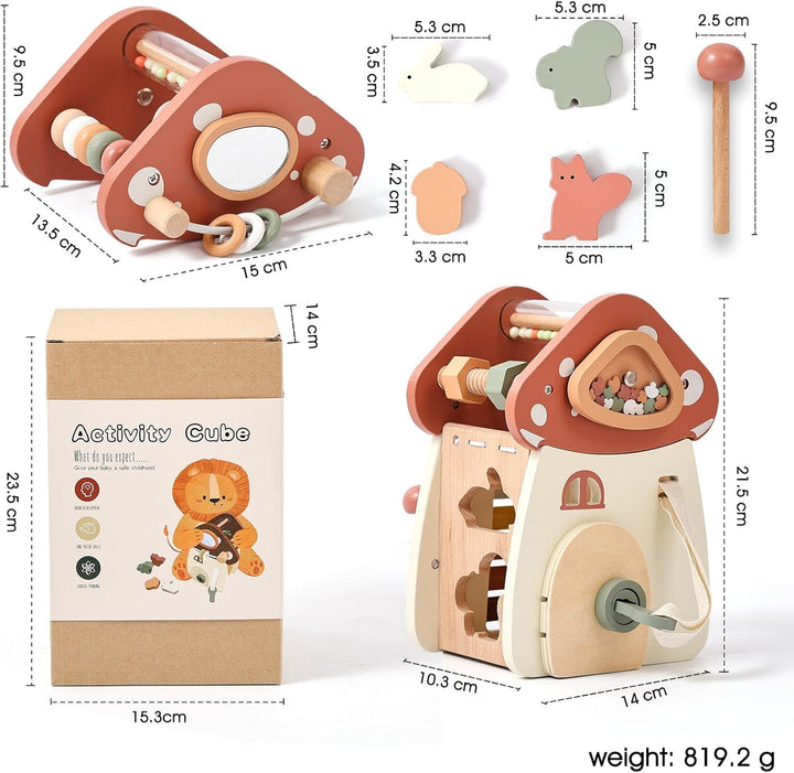 WOODEN TEETHER Montessori Motorikwürfel holzspielzeug Montessori Spielzeug ab 1 Jahr 5 in 1（Rosa Pil