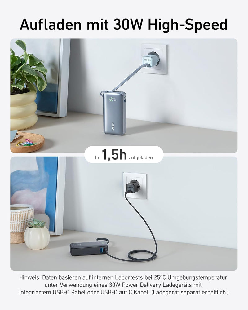 Anker Nano Powerbank,10.000mAh Powerbank mit eingebautem USB-C Kabel, PD 30W Höchstleistung mit 1x U