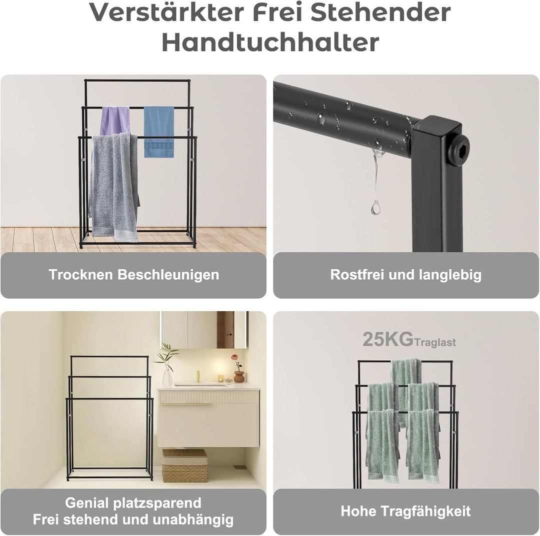 Handtuchständer 3-Etagen Schwarz, 75cm Breite Freistehender Handtuchhalter mit 3 Stangen, Bis 25kg B