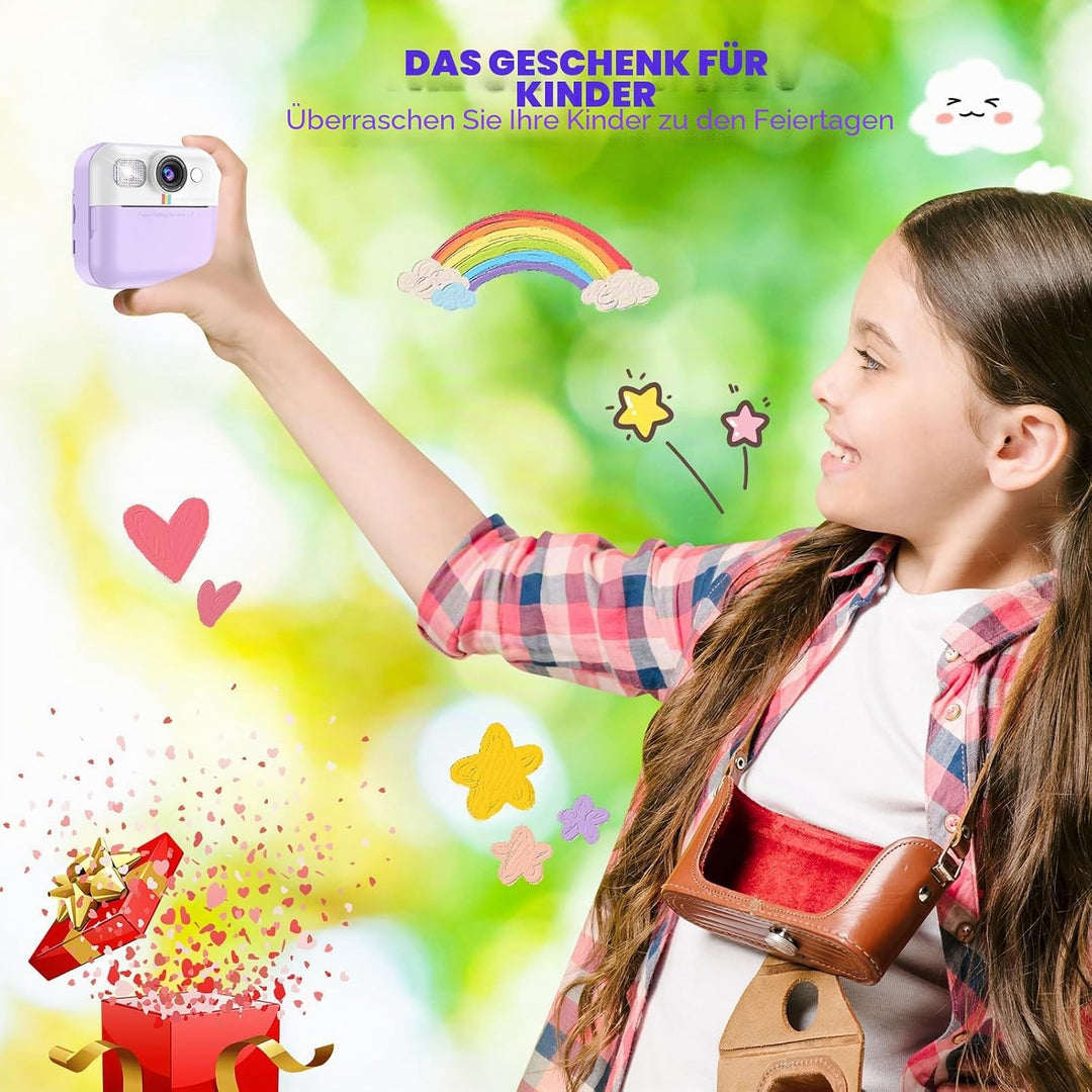 Kinderkamera Sofortbildkamera,Sofortbildkamera Kinder, 1080P Digitalkamera Kinder mit 32GB Karte Dru