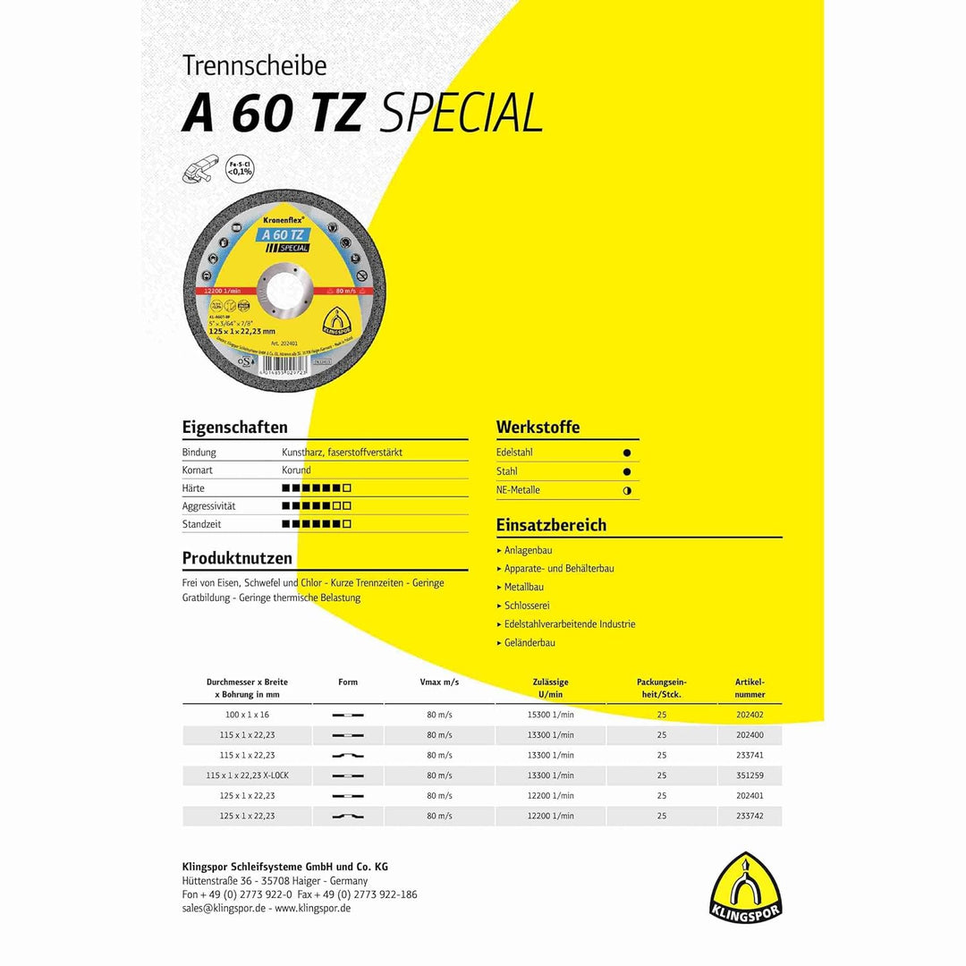 Klingspor 202400 A 60 TZ SPECIAL, Trennscheibe Spezial, Verpackungseinheit 25, 115X1X22,23, G, 25 11