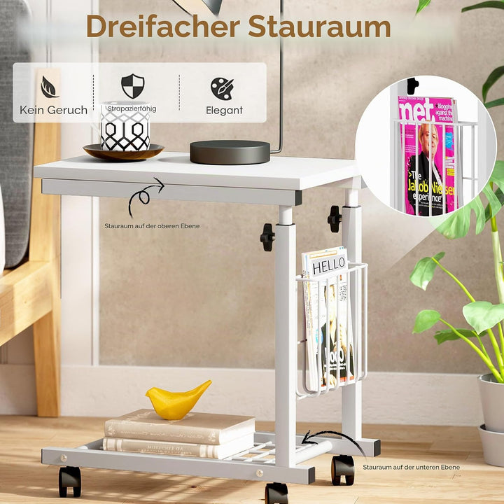 SogesHome Laptoptisch Beistelltisch Höhenverstellbarer Tisch mit Rollen, 48 cm x 30 cm PC Tisch Note
