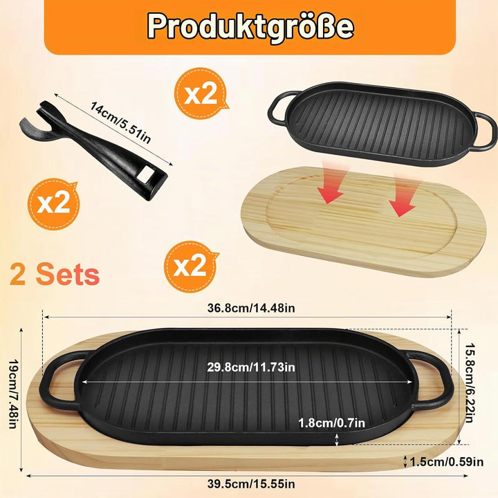 2er-Set Gusseisen Servierpfannen mit Holzuntersetzer &amp; abnehmbarem Griff – Ovaler Sizzling Steak-Pla
